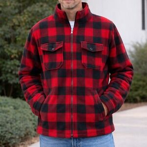 Maxxsel Mens 5XL Buffalo Plaid Fleece Jacket Sherpa Lined Red Black Full Zip